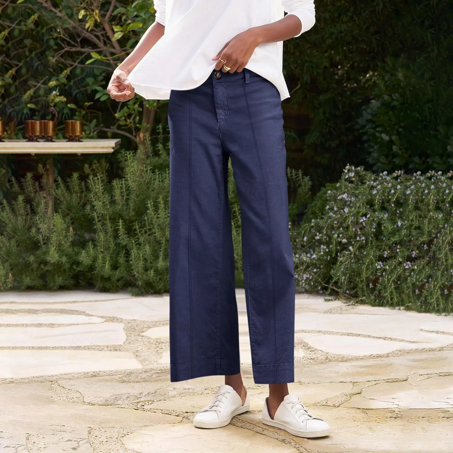 Wide Leg Linen Pants for Women Casual Summer High Waisted Work Cropped Pants Loose Business Trouser