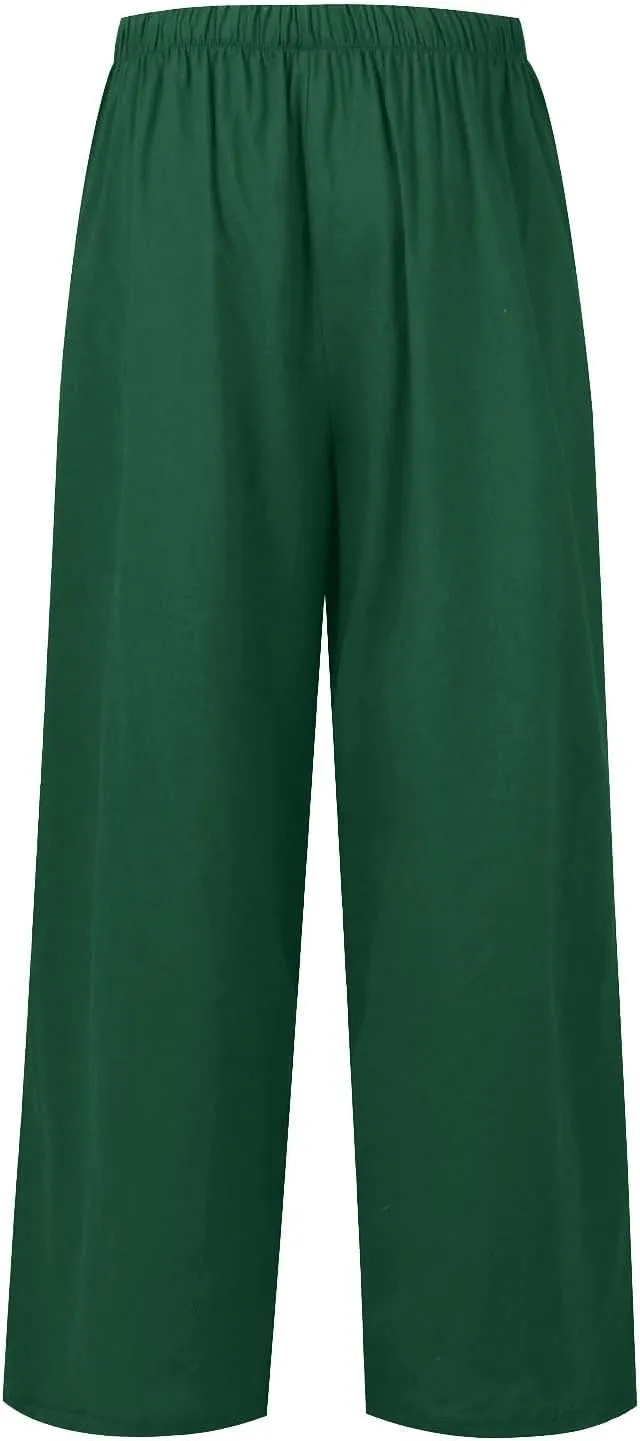 Wide Leg Linen Pants for Women Casual Summer Loose Fit Flowy Beach Pants with Pockets Elastic High Waisted Vacation Trousers