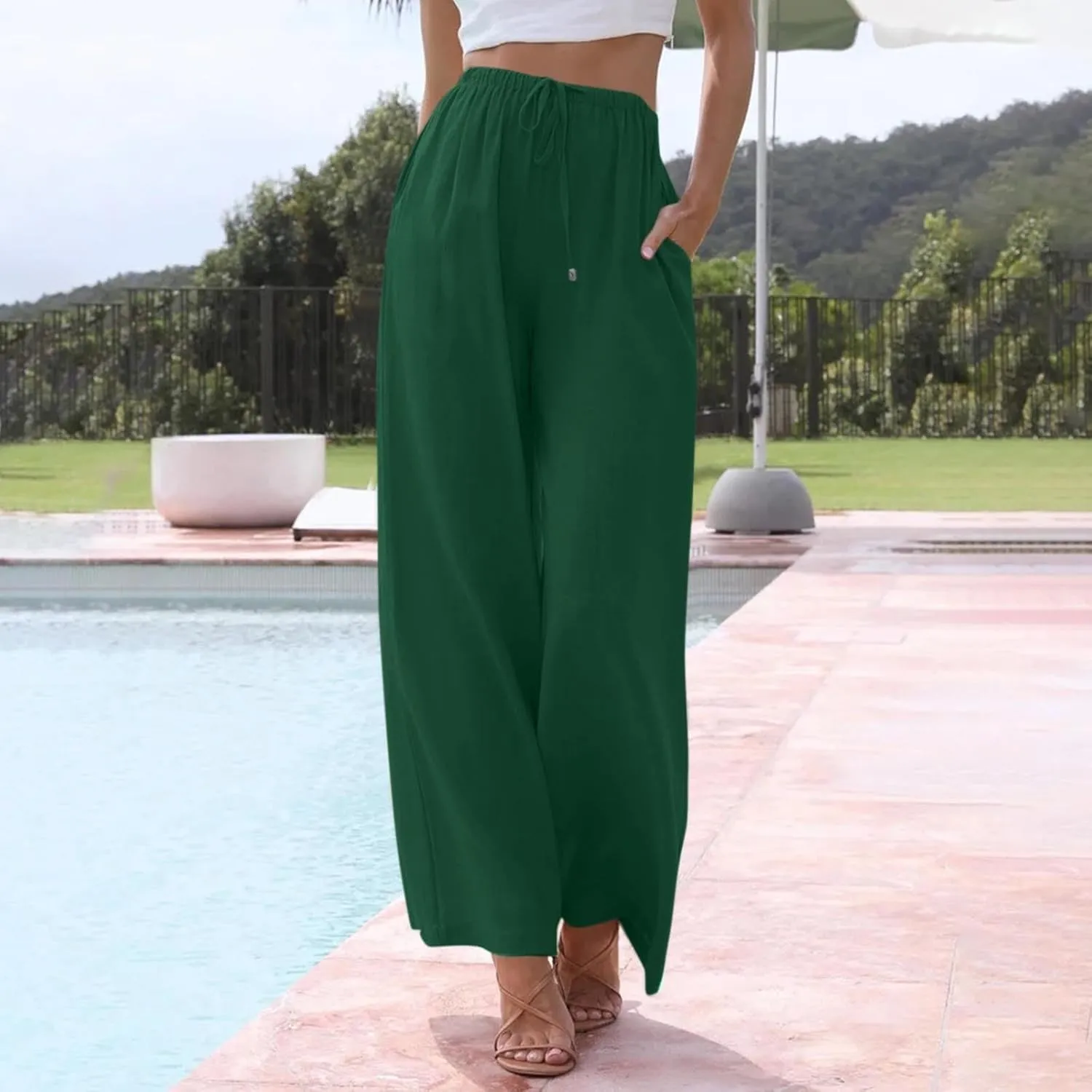 Wide Leg Linen Pants for Women Casual Summer Loose Fit Flowy Beach Pants with Pockets Elastic High Waisted Vacation Trousers