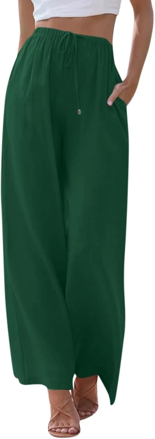 Wide Leg Linen Pants for Women Casual Summer Loose Fit Flowy Beach Pants with Pockets Elastic High Waisted Vacation Trousers