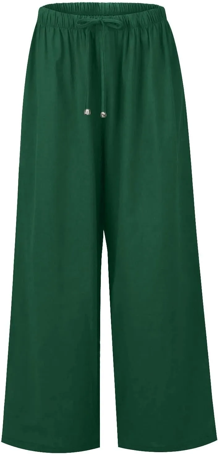 Wide Leg Linen Pants for Women Casual Summer Loose Fit Flowy Beach Pants with Pockets Elastic High Waisted Vacation Trousers