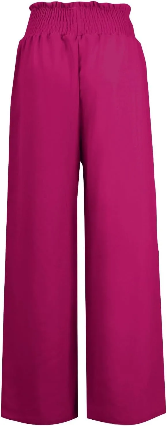 Wide Leg Linen Pants for Women Summer Drawstring Elastic High Waist Casual Boho Trousers Palazzo Flowy Pants with Pocket