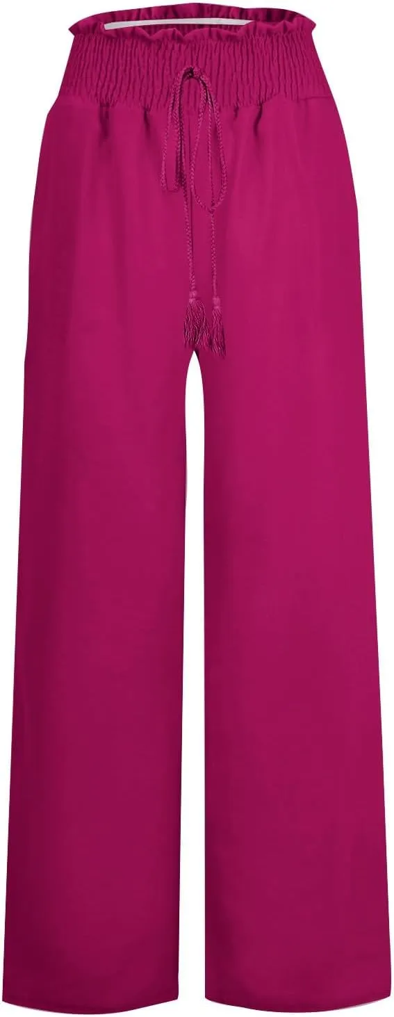 Wide Leg Linen Pants for Women Summer Drawstring Elastic High Waist Casual Boho Trousers Palazzo Flowy Pants with Pocket