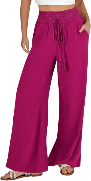 Wide Leg Linen Pants for Women Summer Drawstring Elastic High Waist Casual Boho Trousers Palazzo Flowy Pants with Pocket