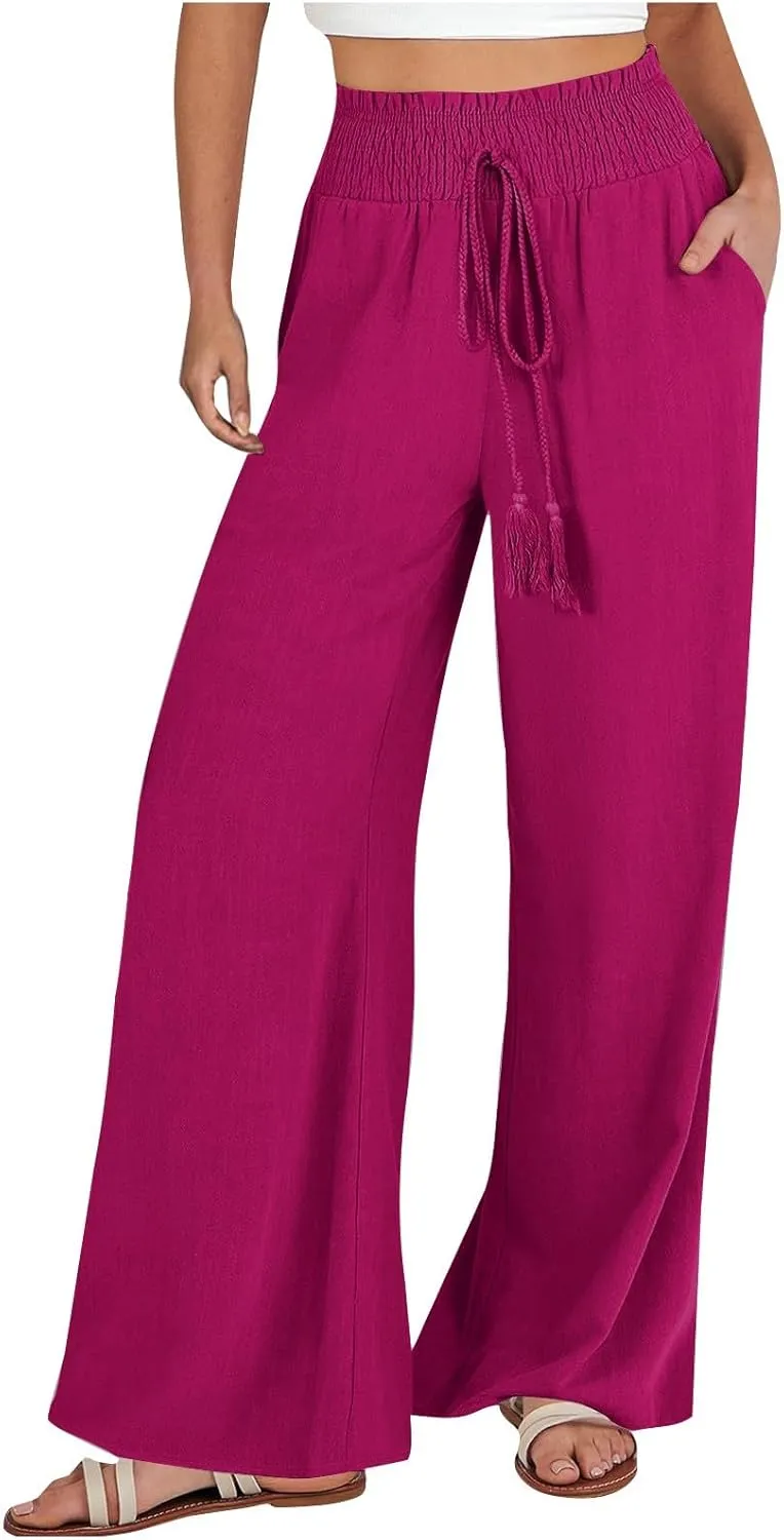 Wide Leg Linen Pants for Women Summer Drawstring Elastic High Waist Casual Boho Trousers Palazzo Flowy Pants with Pocket