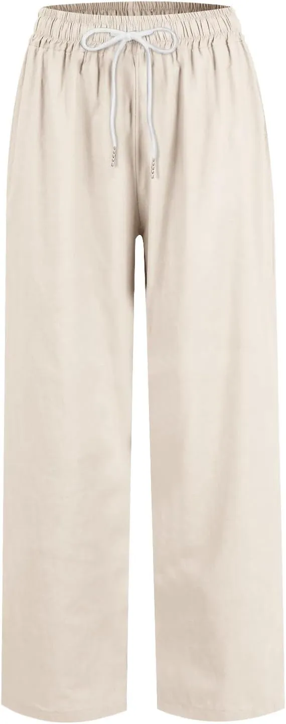 Wide Leg Linen Pants Women Capri Cropped Boho Pants Ankle Elastic Waist Lounge Pants Cotton Trousers with Pockets