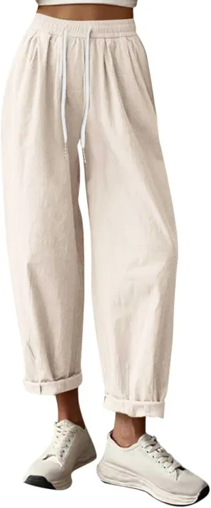 Wide Leg Linen Pants Women Capri Cropped Boho Pants Ankle Elastic Waist Lounge Pants Cotton Trousers with Pockets