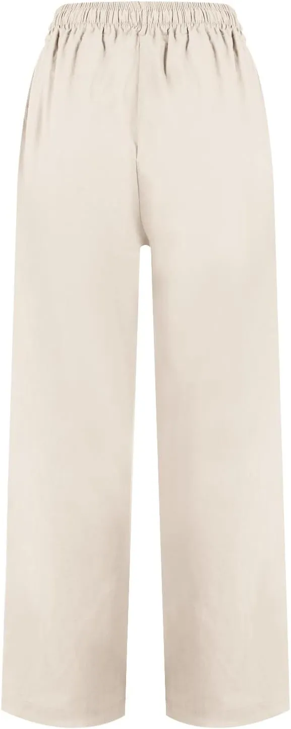 Wide Leg Linen Pants Women Capri Cropped Boho Pants Ankle Elastic Waist Lounge Pants Cotton Trousers with Pockets