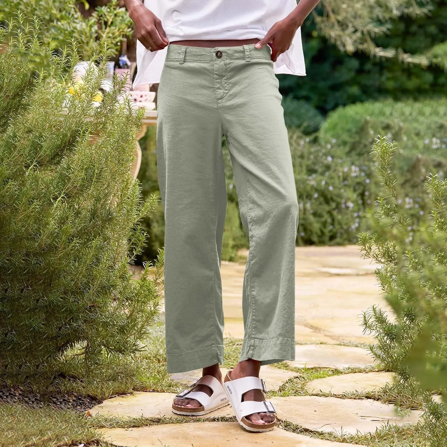 Wide Leg Linen Pants Women Cropped Elastic High Waisted Dress Pants Business Casual Comfy Work Trousers with Pockets