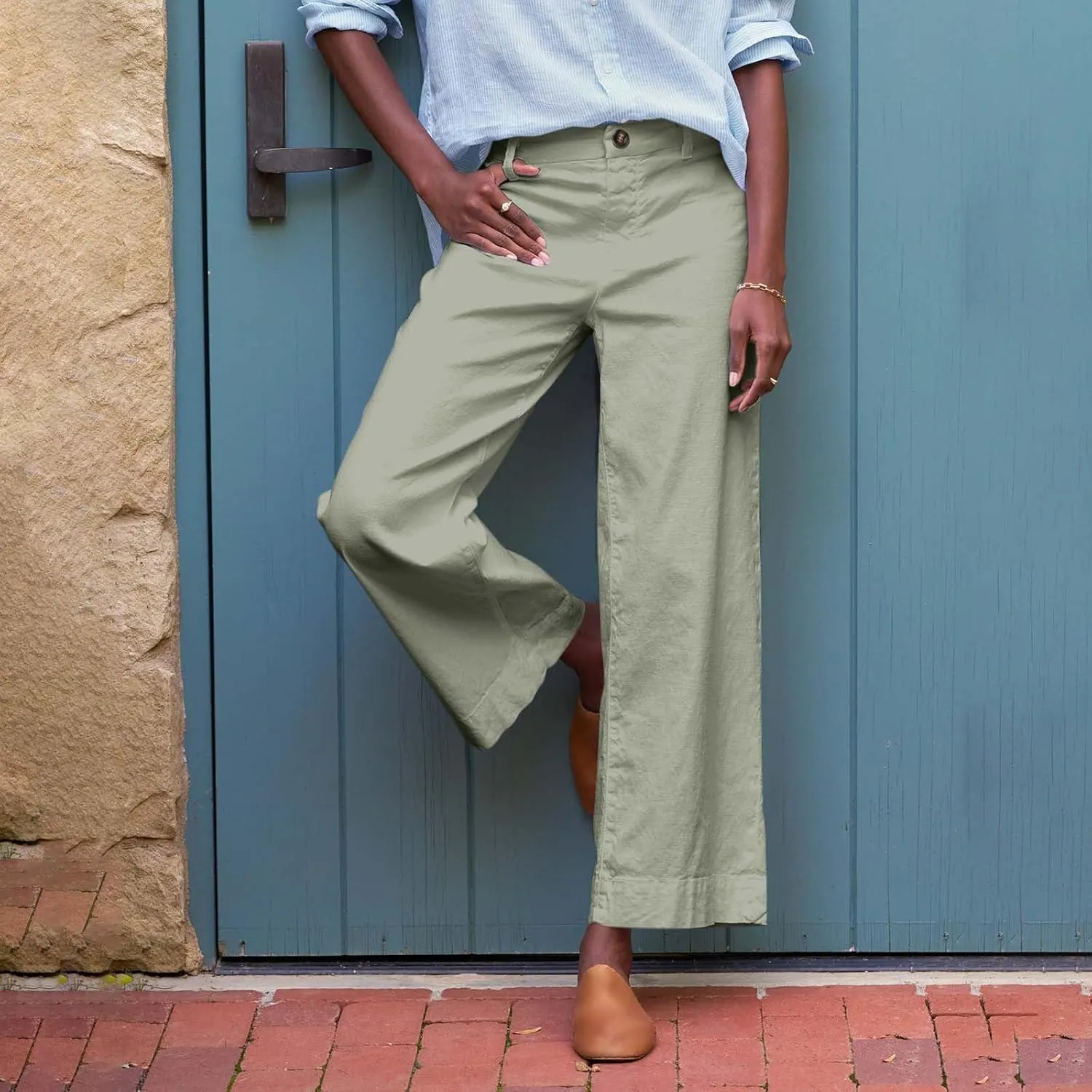 Wide Leg Linen Pants Women Cropped Elastic High Waisted Dress Pants Business Casual Comfy Work Trousers with Pockets