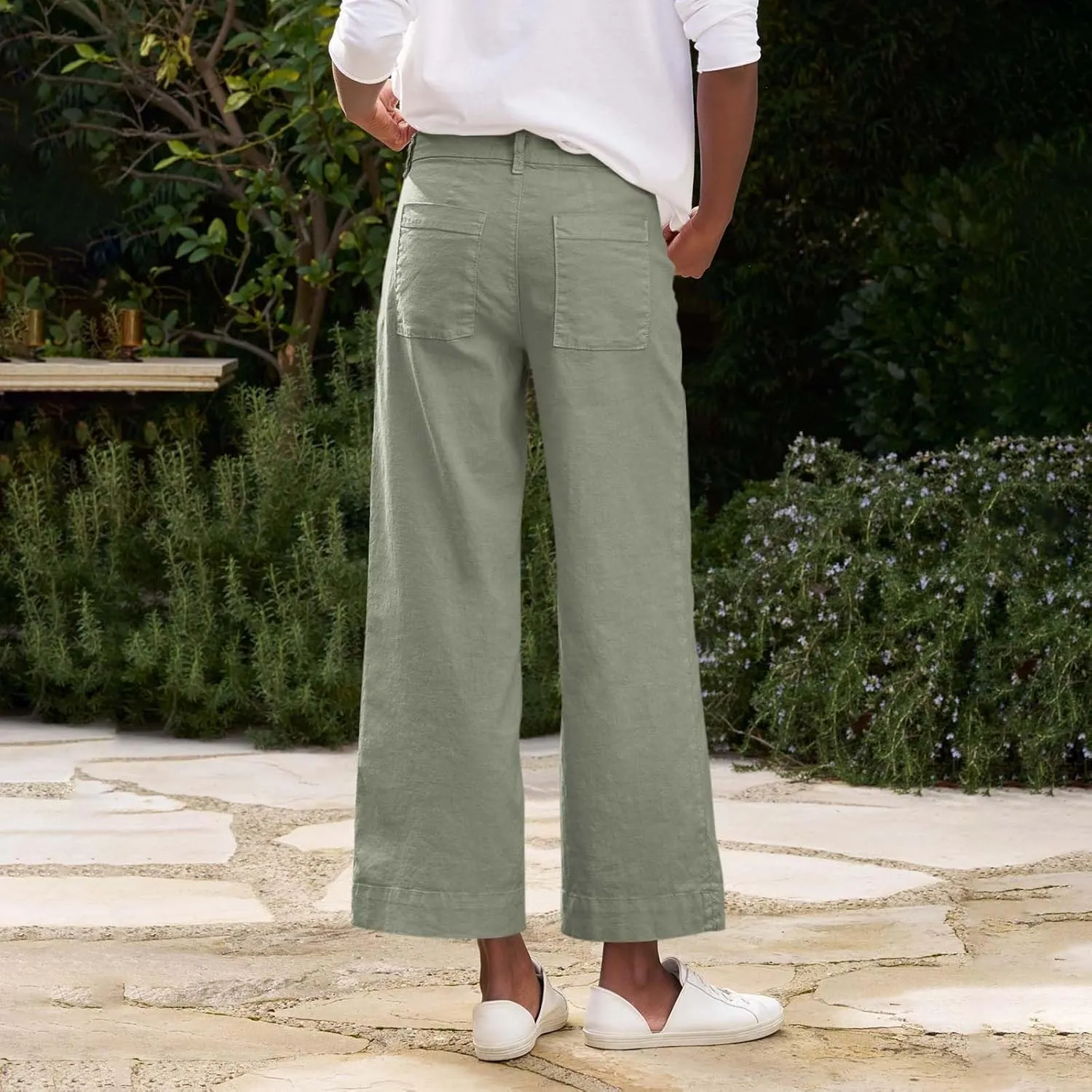 Wide Leg Linen Pants Women Cropped Elastic High Waisted Dress Pants Business Casual Comfy Work Trousers with Pockets