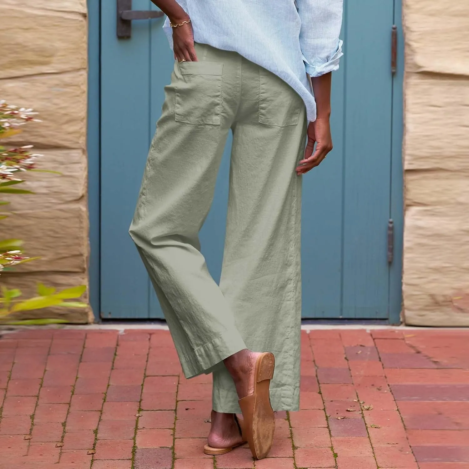 Wide Leg Linen Pants Women Cropped Elastic High Waisted Dress Pants Business Casual Comfy Work Trousers with Pockets