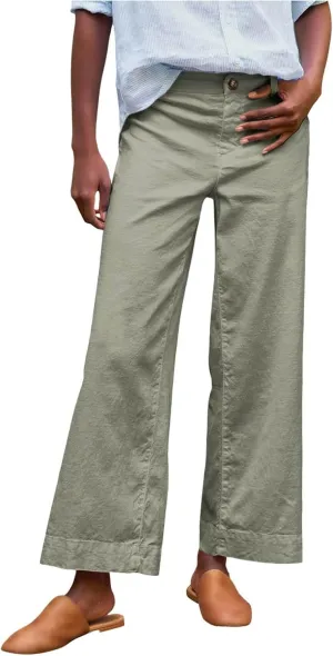 Wide Leg Linen Pants Women Cropped Elastic High Waisted Dress Pants Business Casual Comfy Work Trousers with Pockets
