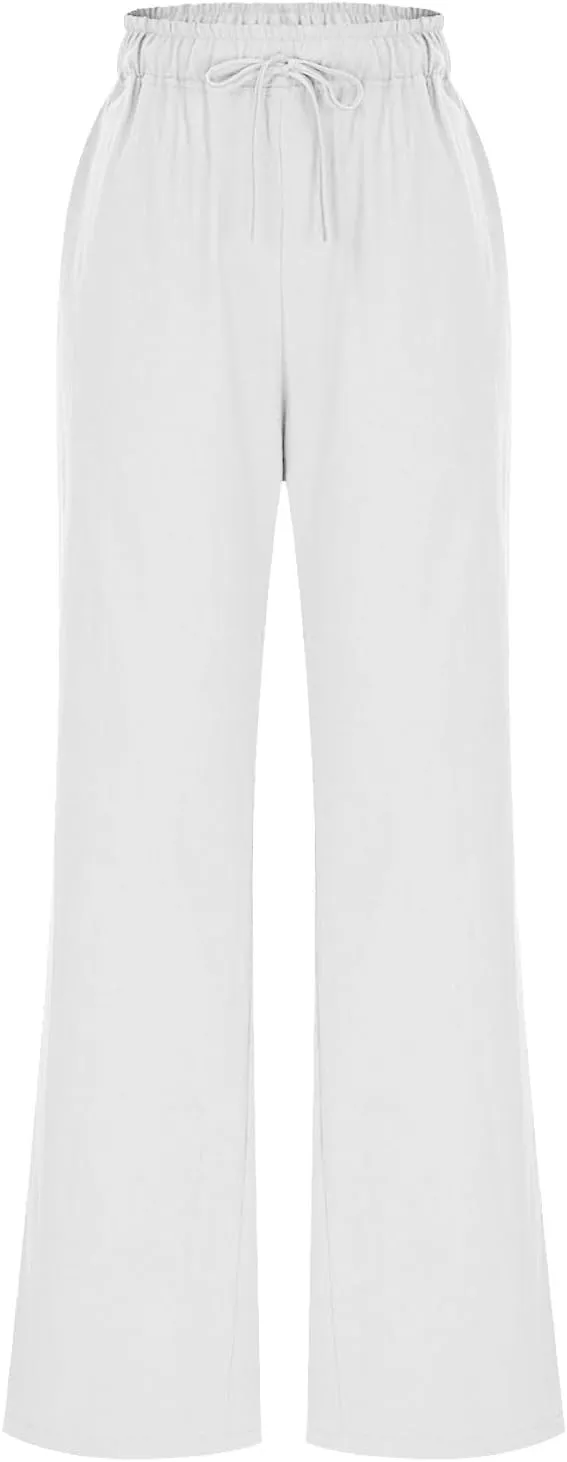 Wide Leg Pants for Women Solid Cotton Linen Drawstring Pant Casual Work Summer Baggy Trousers with Pockets