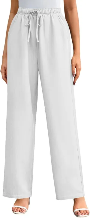 Wide Leg Pants for Women Solid Cotton Linen Drawstring Pant Casual Work Summer Baggy Trousers with Pockets