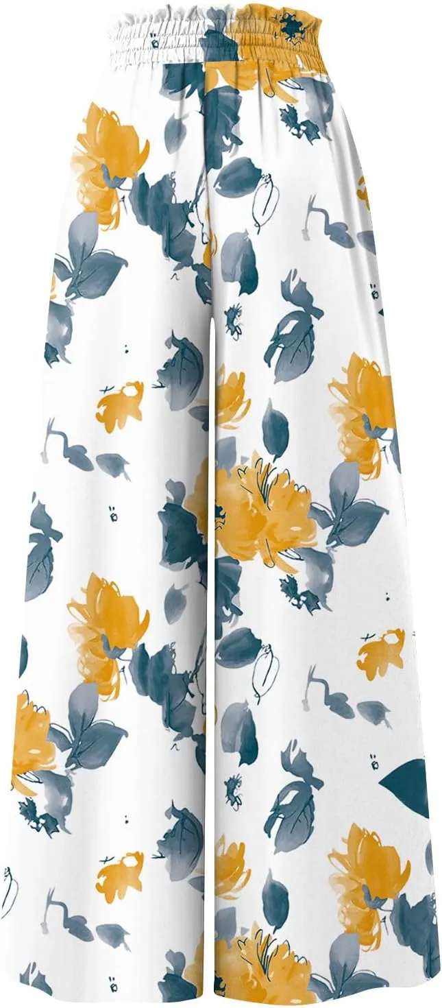 Wide Leg Pants Woman Summer Boho Palazzo Pants Drawstring Elastic High Waist Floral Print Pocket Beach Lounge Pants