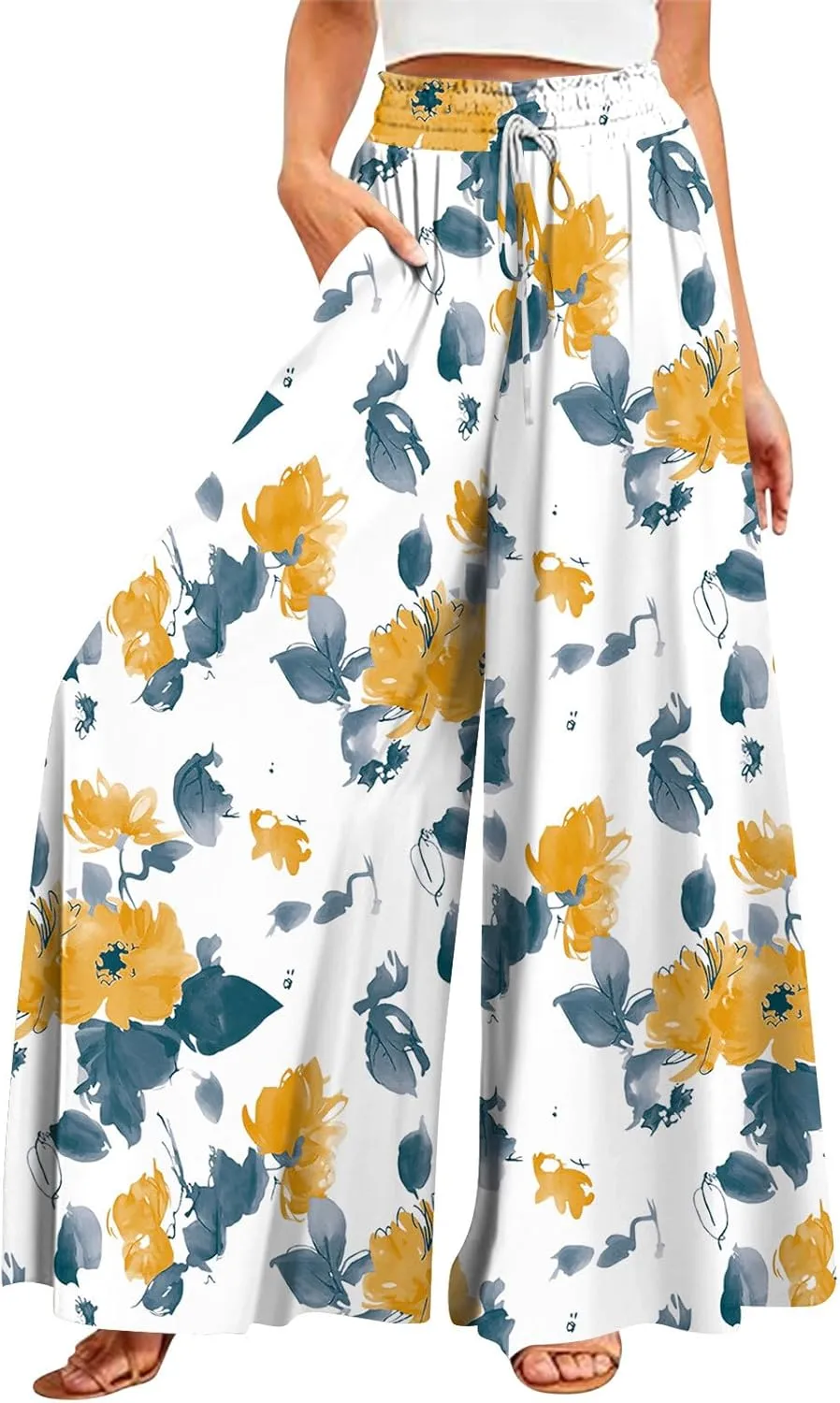 Wide Leg Pants Woman Summer Boho Palazzo Pants Drawstring Elastic High Waist Floral Print Pocket Beach Lounge Pants