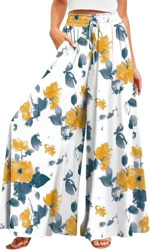 Wide Leg Pants Woman Summer Boho Palazzo Pants Drawstring Elastic High Waist Floral Print Pocket Beach Lounge Pants