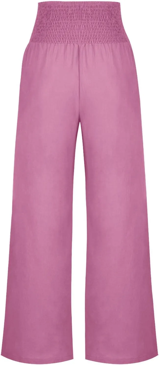 Wide Leg Pants Women Comfy Flowy Cotton and Linen Trousers Summer High Waisted Straight Palazzo Pants with Pockets 2024
