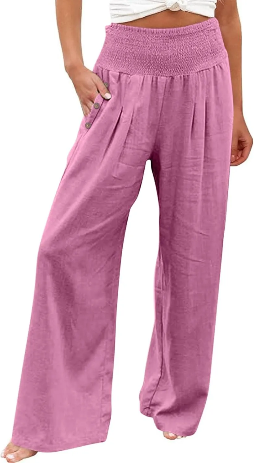 Wide Leg Pants Women Comfy Flowy Cotton and Linen Trousers Summer High Waisted Straight Palazzo Pants with Pockets 2024