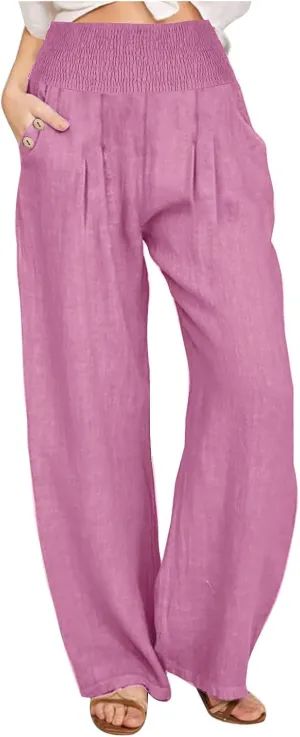 Wide Leg Pants Women Comfy Flowy Cotton and Linen Trousers Summer High Waisted Straight Palazzo Pants with Pockets 2024