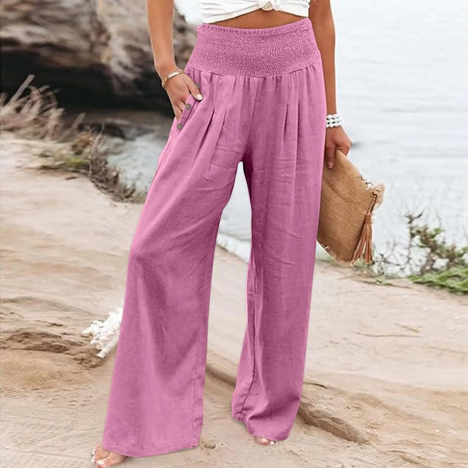 Wide Leg Pants Women Comfy Flowy Cotton and Linen Trousers Summer High Waisted Straight Palazzo Pants with Pockets 2024