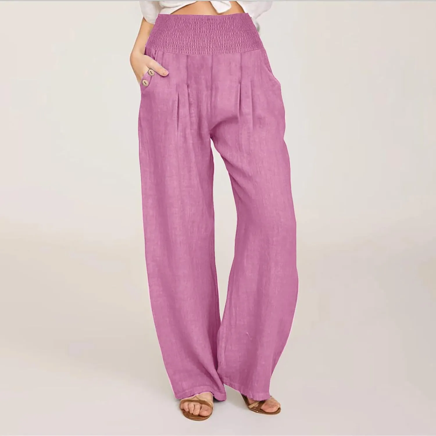 Wide Leg Pants Women Comfy Flowy Cotton and Linen Trousers Summer High Waisted Straight Palazzo Pants with Pockets 2024
