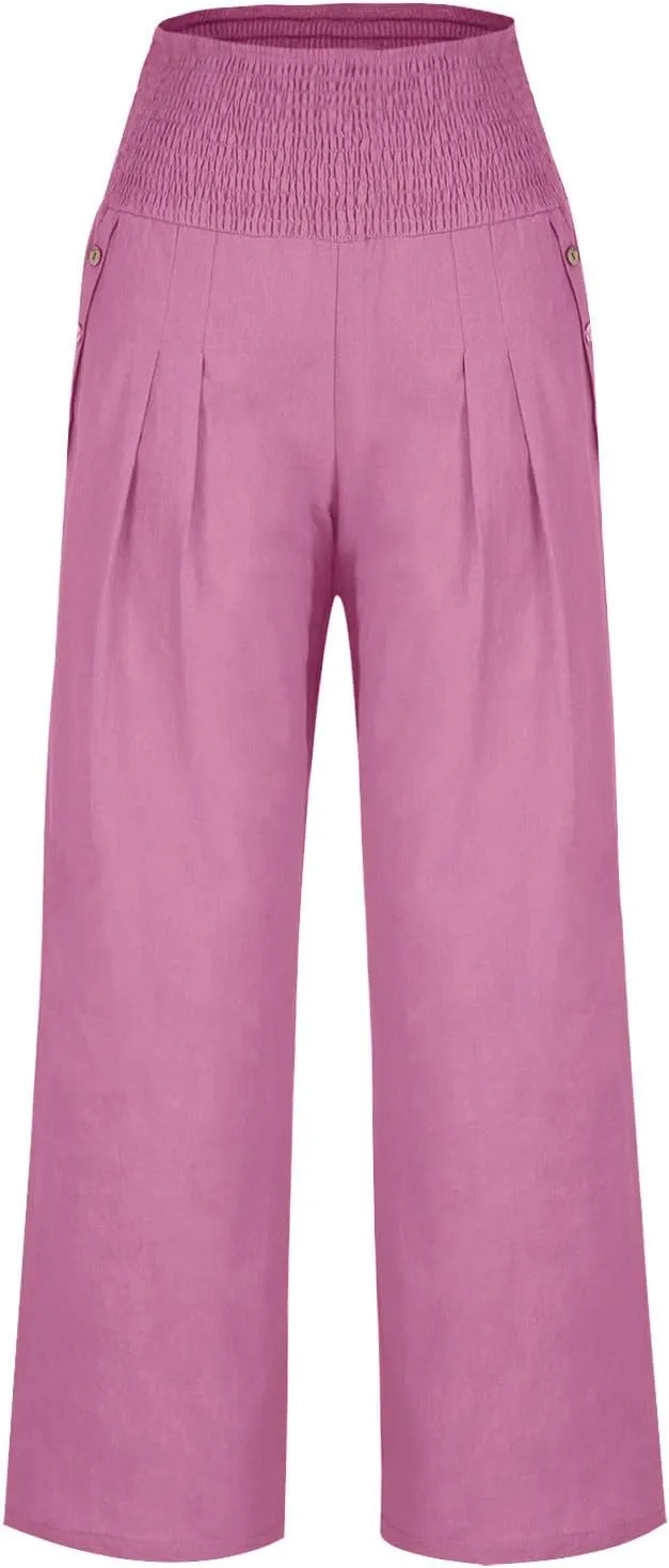Wide Leg Pants Women Comfy Flowy Cotton and Linen Trousers Summer High Waisted Straight Palazzo Pants with Pockets 2024