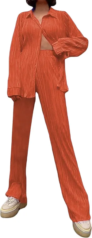 Women 2 Piece Pants Outfits Long Sleeve Button Down Shirts High Waist Long Pants Pleated Casual Summer Loungewear