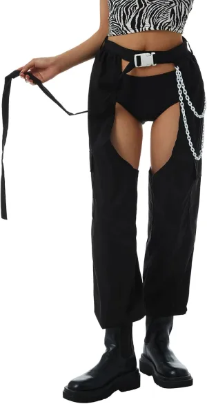 Women Buckle Bottomless Pants Sexy High Waist Chaps Hollow Out Cargo Crotch Pants See Through Rave Leggings Harem Trousers