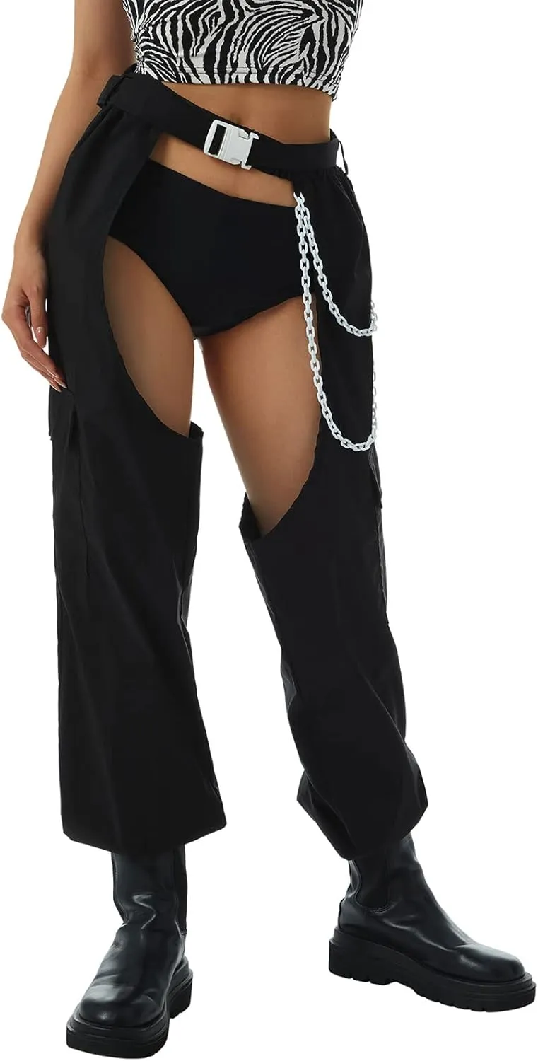 Women Buckle Bottomless Pants Sexy High Waist Chaps Hollow Out Cargo Crotch Pants See Through Rave Leggings Harem Trousers