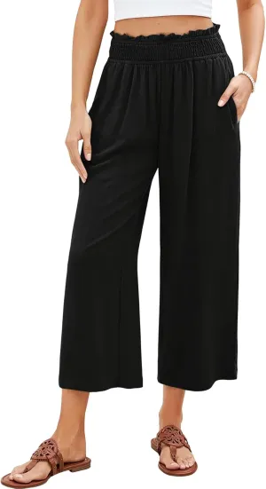 Women Capri Linen Pant Casual Loose High Waist Wide Leg Cropped Palazzo Trousers Summer Elastic Waist Flowy Beach Pants