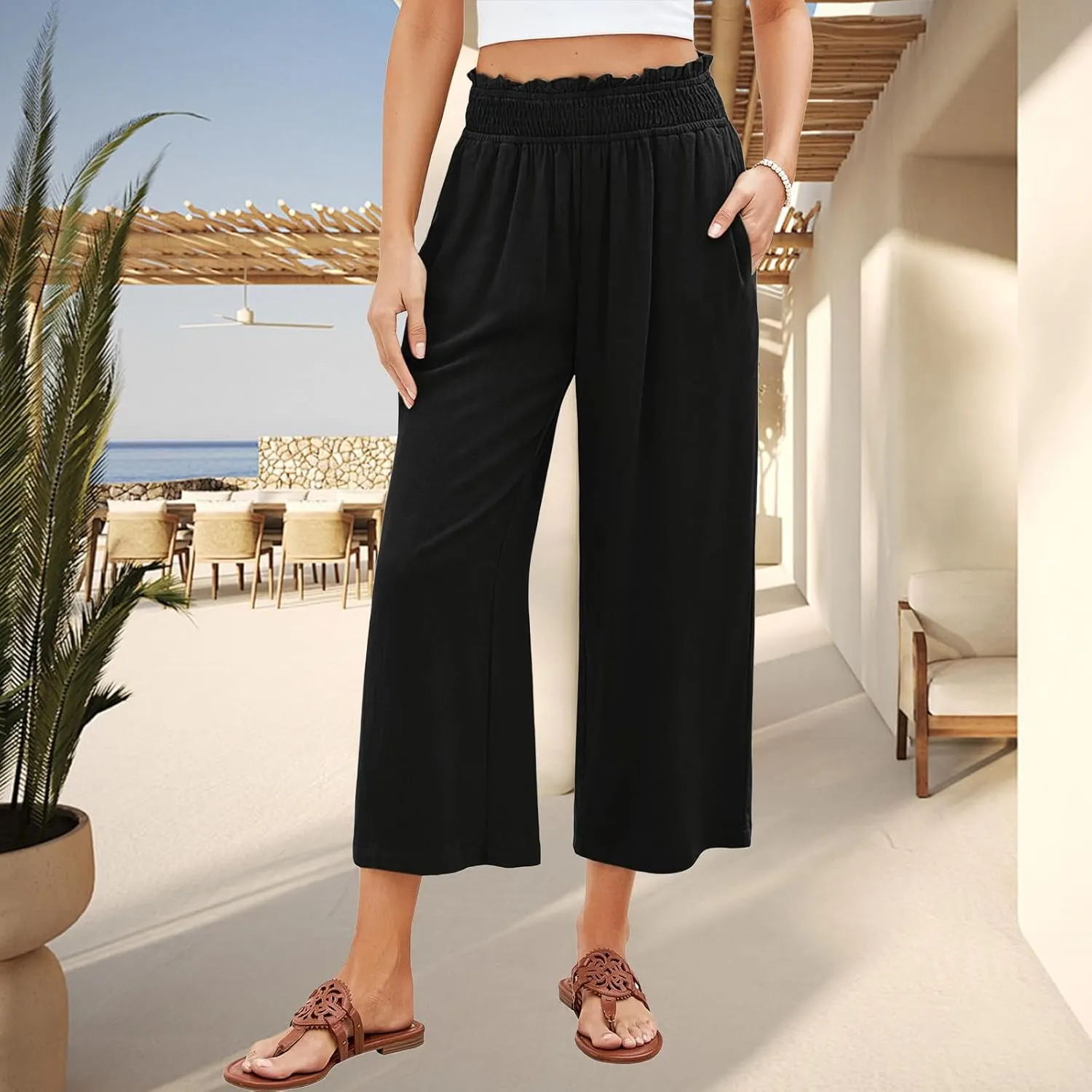 Women Capri Linen Pant Casual Loose High Waist Wide Leg Cropped Palazzo Trousers Summer Elastic Waist Flowy Beach Pants