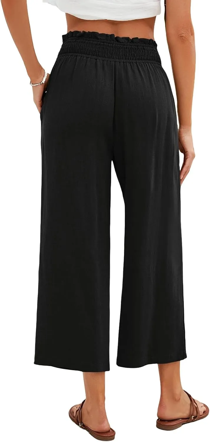 Women Capri Linen Pant Casual Loose High Waist Wide Leg Cropped Palazzo Trousers Summer Elastic Waist Flowy Beach Pants
