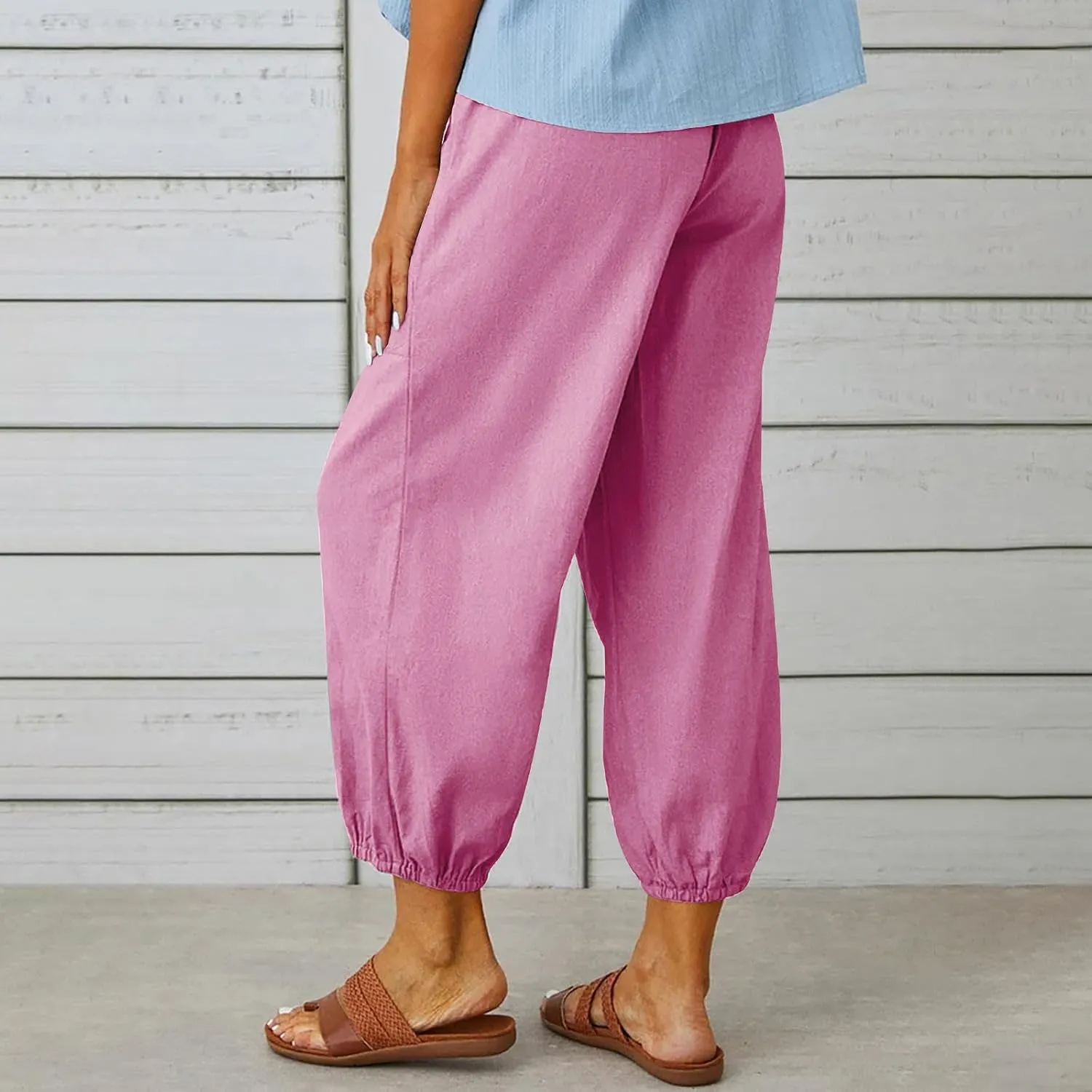 Women Capri Pants Casual Drawstring Elastic High Waist Baggy Cinch Bottom Pants Cropped Pants Trousers for Ladies