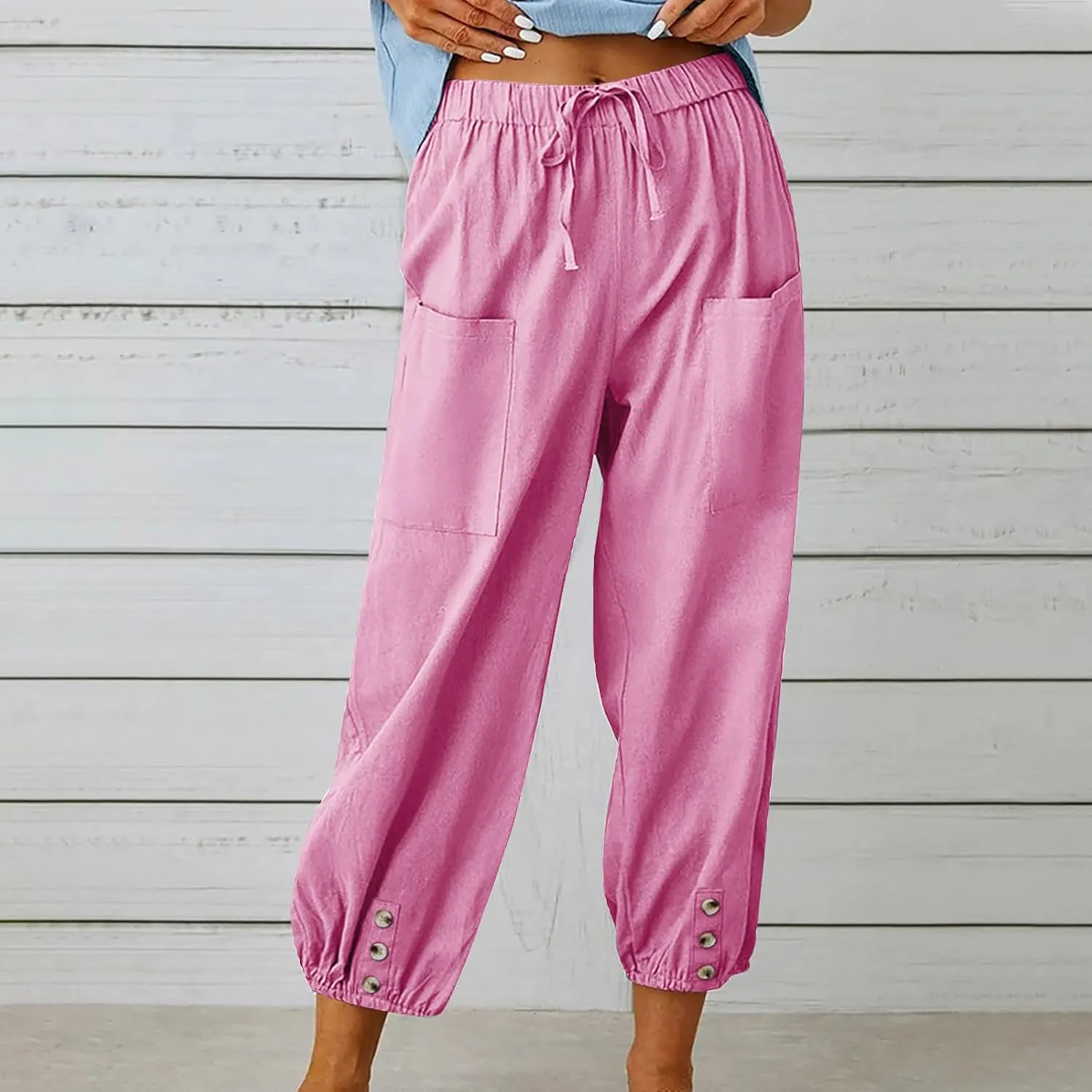Women Capri Pants Casual Drawstring Elastic High Waist Baggy Cinch Bottom Pants Cropped Pants Trousers for Ladies