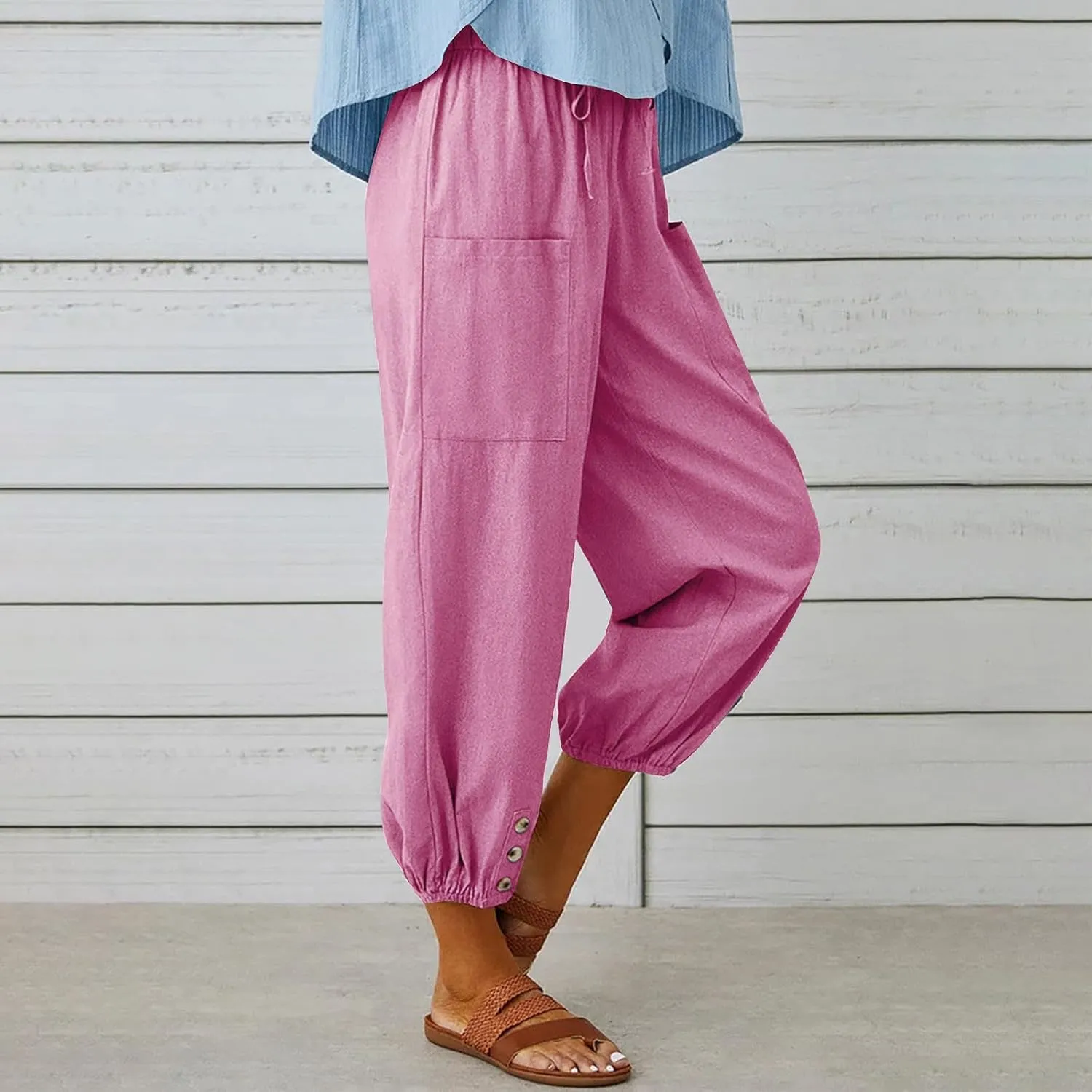 Women Capri Pants Casual Drawstring Elastic High Waist Baggy Cinch Bottom Pants Cropped Pants Trousers for Ladies