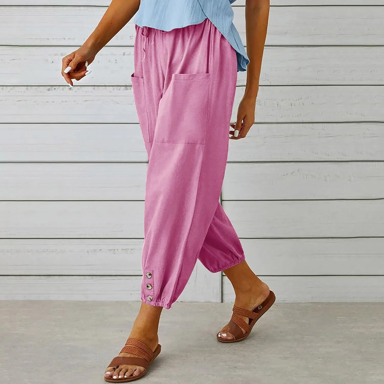 Women Capri Pants Casual Drawstring Elastic High Waist Baggy Cinch Bottom Pants Cropped Pants Trousers for Ladies