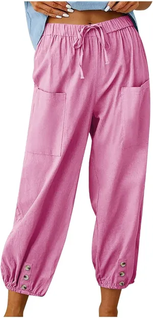 Women Capri Pants Casual Drawstring Elastic High Waist Baggy Cinch Bottom Pants Cropped Pants Trousers for Ladies