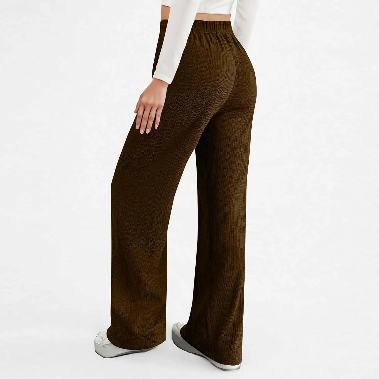 Women Casual Textured Pants Trendy Drawstring Elastic High Waist Solid Palazzo Pants Straight Leg Trouser with Pocket