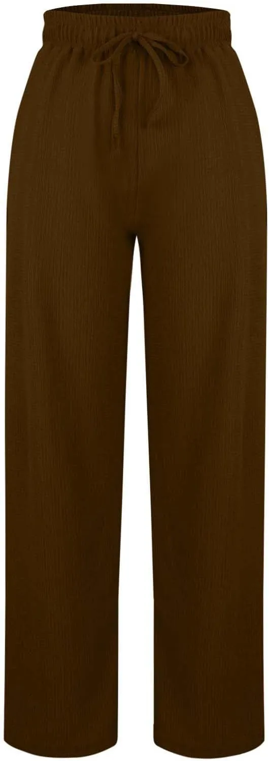 Women Casual Textured Pants Trendy Drawstring Elastic High Waist Solid Palazzo Pants Straight Leg Trouser with Pocket