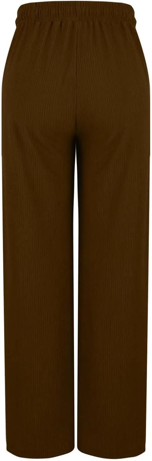 Women Casual Textured Pants Trendy Drawstring Elastic High Waist Solid Palazzo Pants Straight Leg Trouser with Pocket