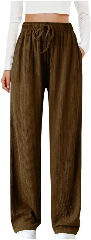 Women Casual Textured Pants Trendy Drawstring Elastic High Waist Solid Palazzo Pants Straight Leg Trouser with Pocket