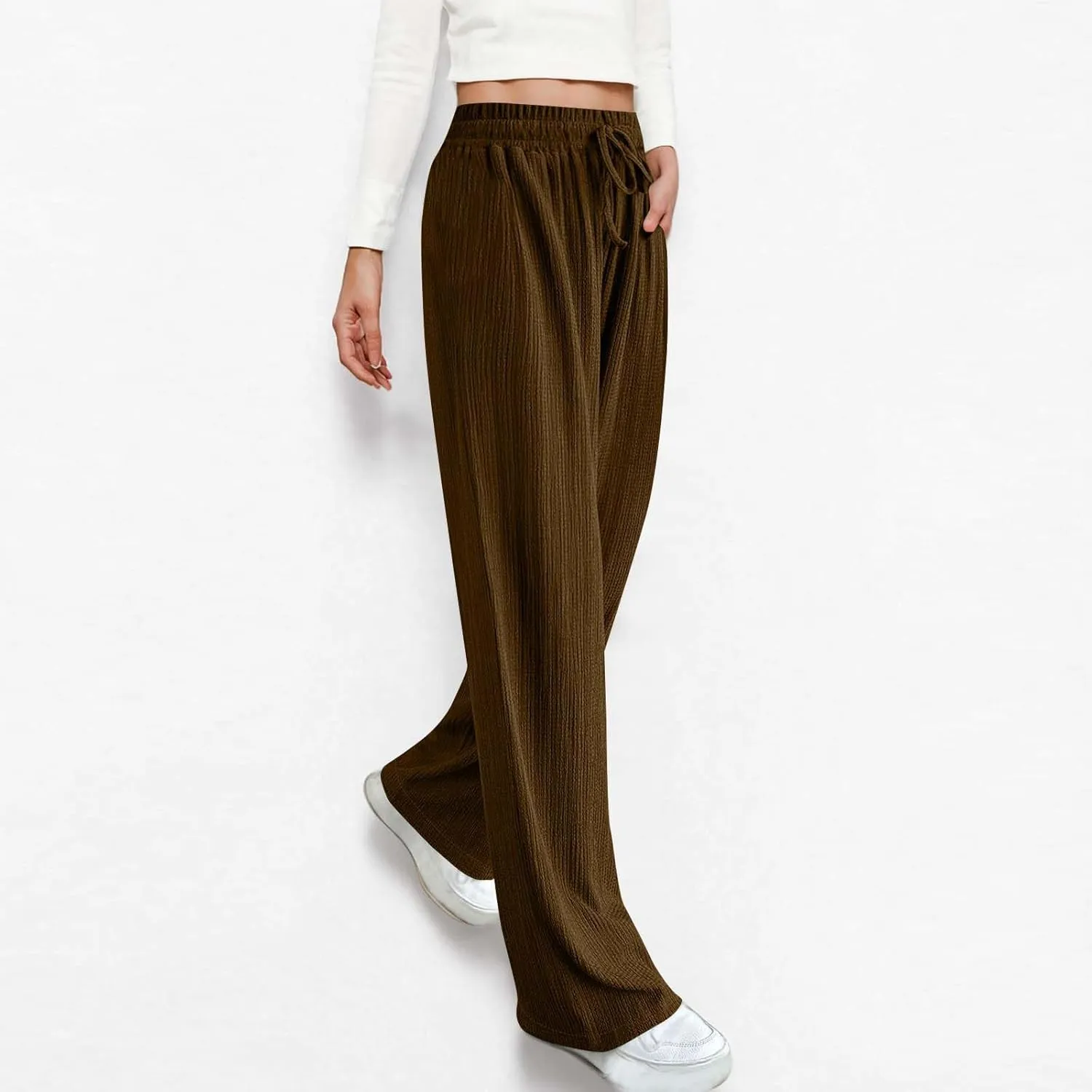 Women Casual Textured Pants Trendy Drawstring Elastic High Waist Solid Palazzo Pants Straight Leg Trouser with Pocket
