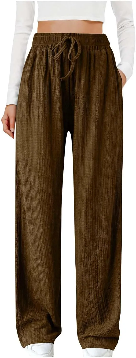 Women Casual Textured Pants Trendy Drawstring Elastic High Waist Solid Palazzo Pants Straight Leg Trouser with Pocket