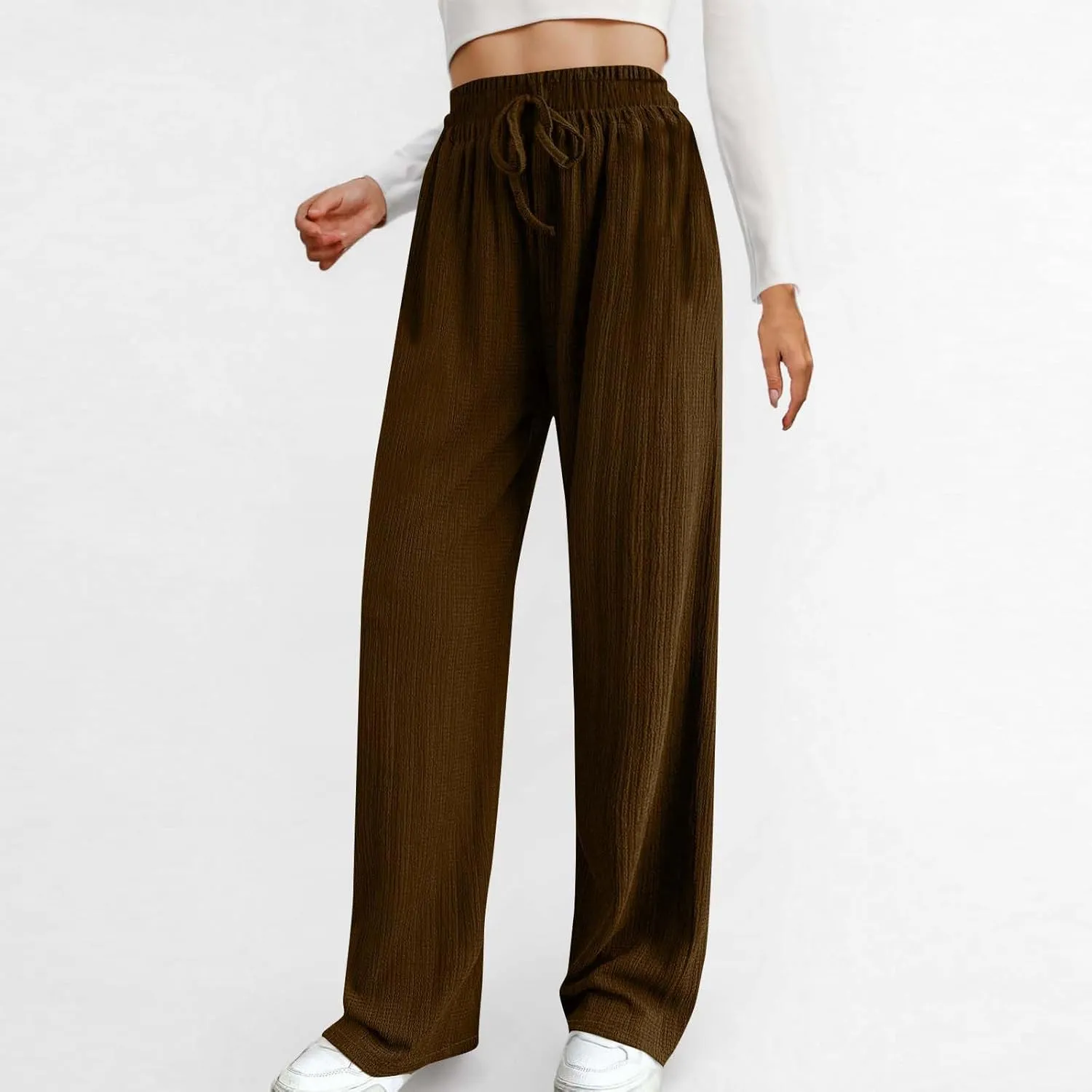 Women Casual Textured Pants Trendy Drawstring Elastic High Waist Solid Palazzo Pants Straight Leg Trouser with Pocket