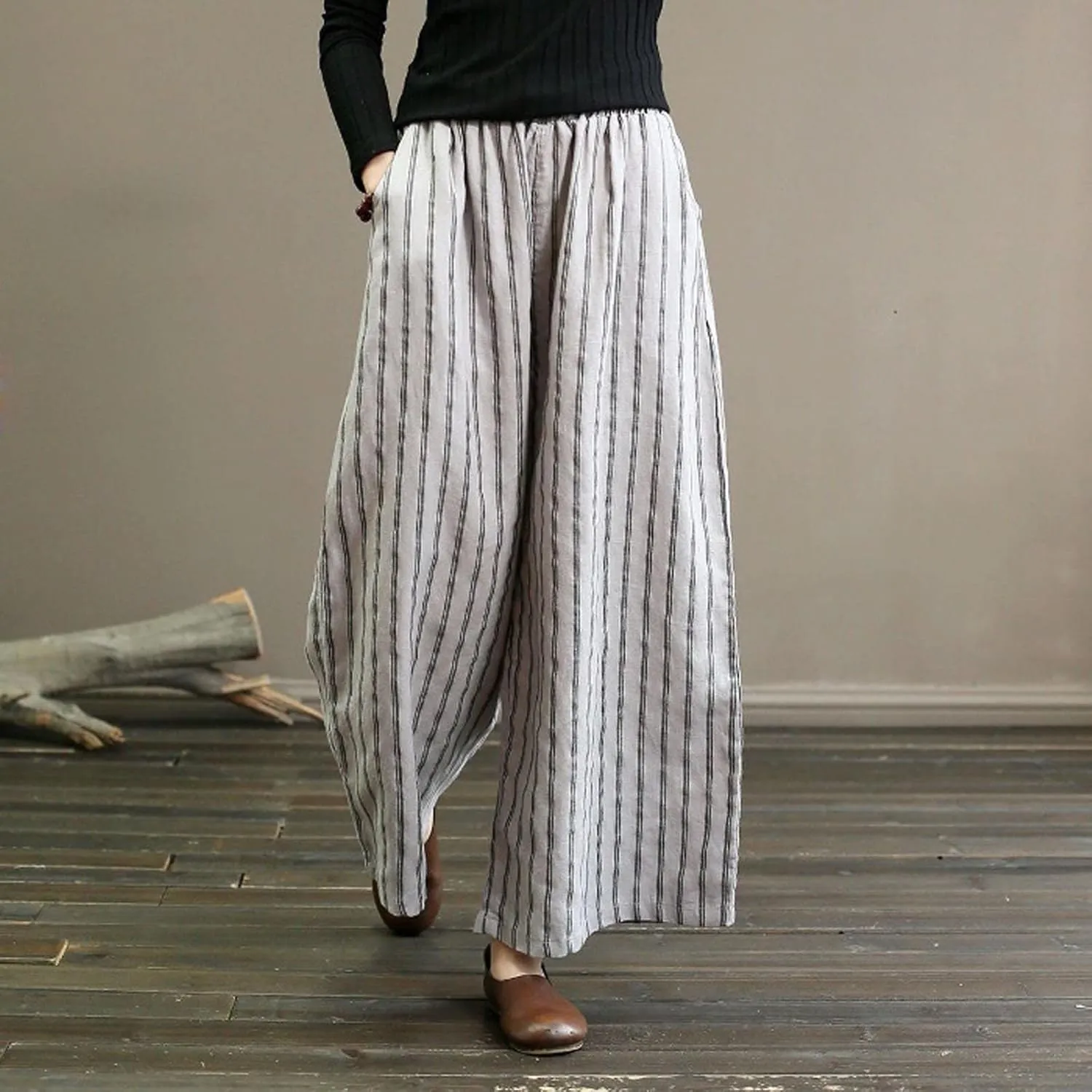 Women Cotton Linen Pants Wide Leg Striped Plus Size Pant High Waist Loose Comfy Trousers Casual Summer Fall Sweatpant