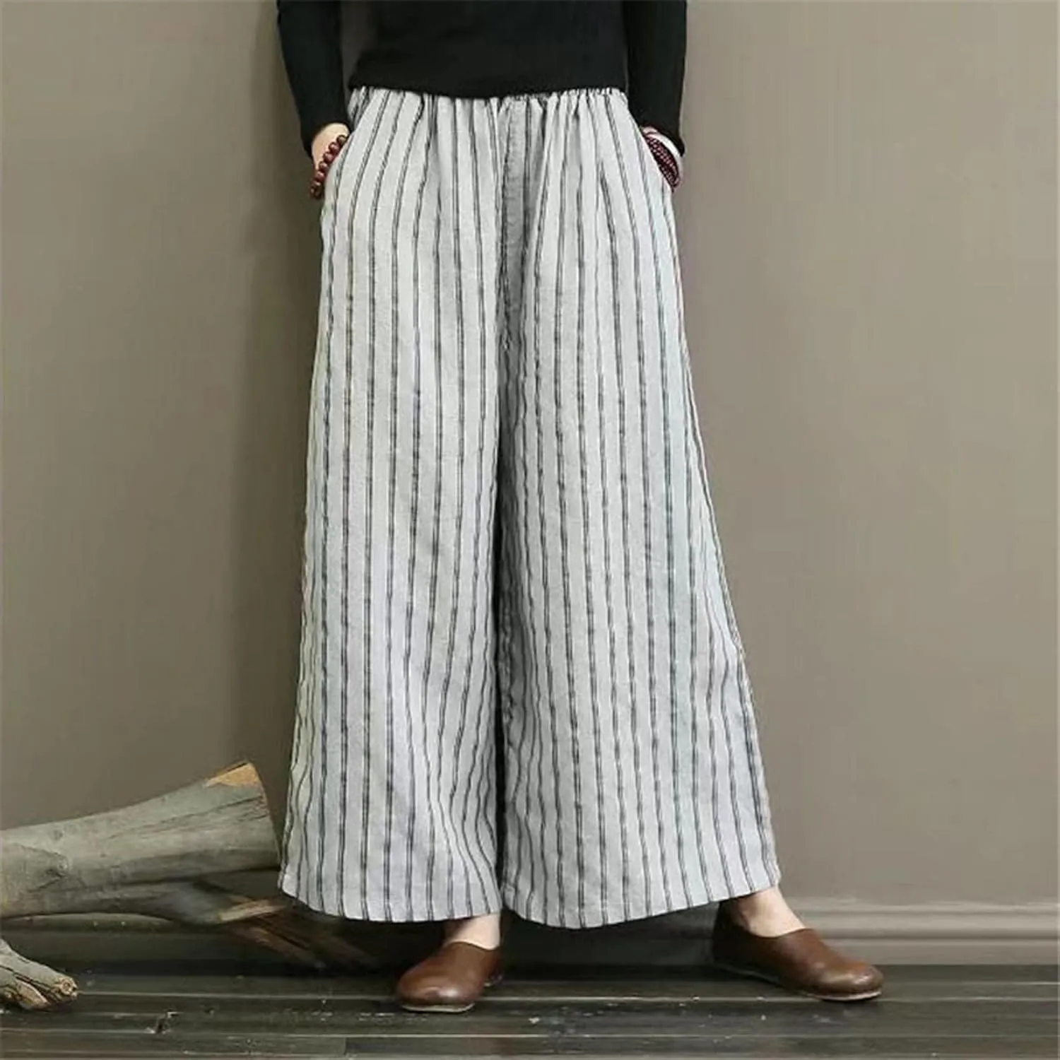 Women Cotton Linen Pants Wide Leg Striped Plus Size Pant High Waist Loose Comfy Trousers Casual Summer Fall Sweatpant