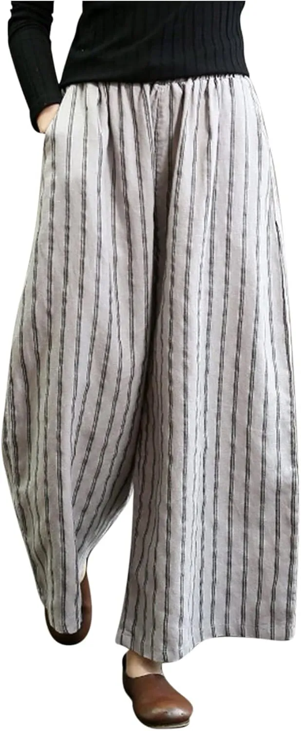 Women Cotton Linen Pants Wide Leg Striped Plus Size Pant High Waist Loose Comfy Trousers Casual Summer Fall Sweatpant