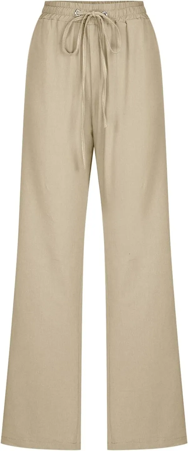 Women High Waist Cotton Linen Pants Straight Leg Casual Pants Loose Summer Beach Lightweight Drawstring Trousers with Pockets